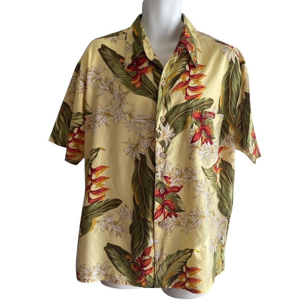 Speedo Hawaiian Shirt Mens 2XL Yellow Floral Aloha Camp Button Short Sleeve
